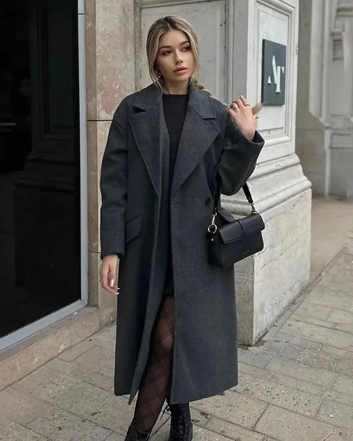 Women's Oversized Double-Breasted Wool-Blend Coat with Wide Lapel Collar in Beige – Greta Belle