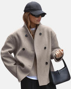 Women's Oversized Double-Breasted Wool-Blend Jacket with Stand Collar – Ivy Belle