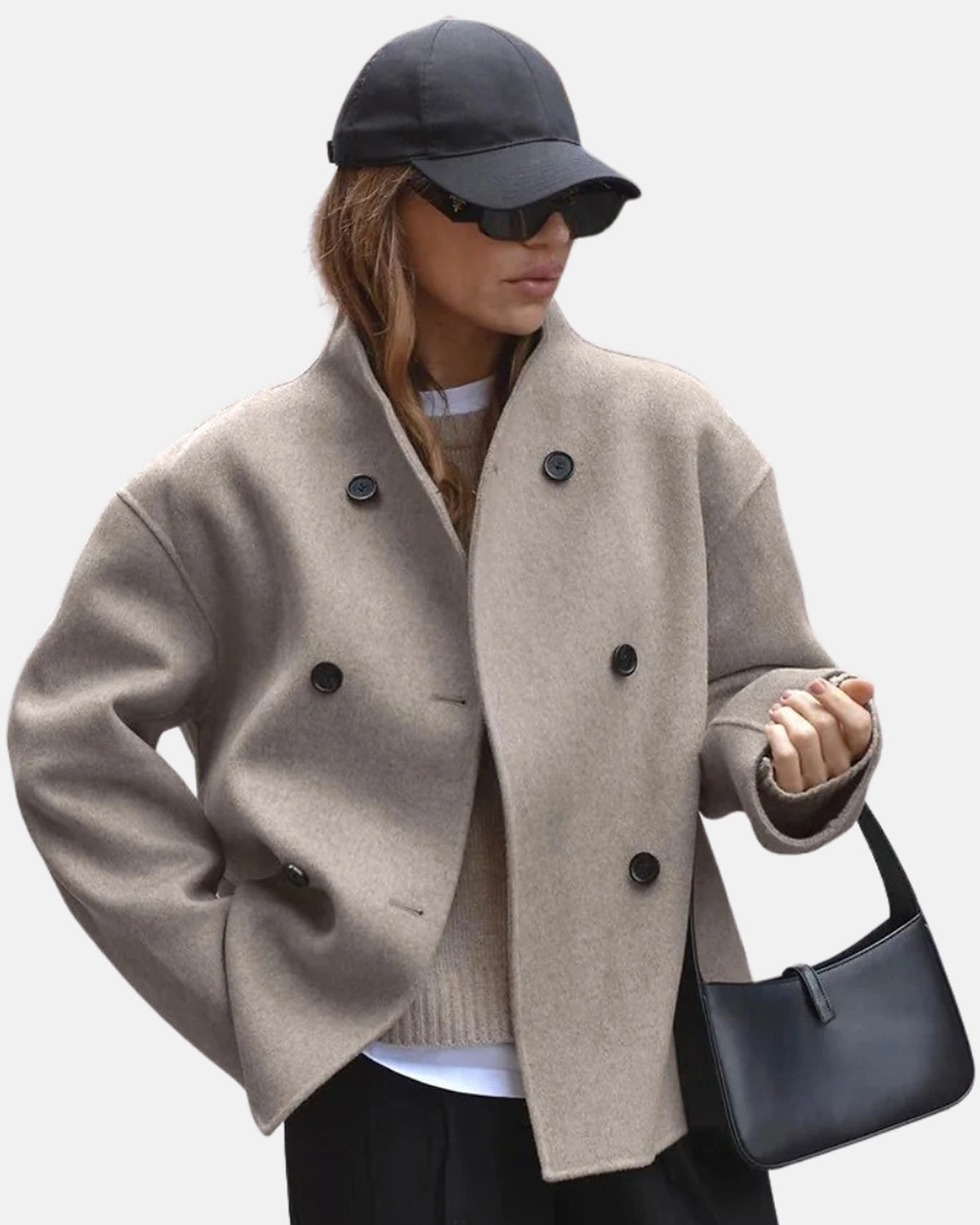 Women's Oversized Double-Breasted Wool-Blend Jacket with Stand Collar – Ivy Belle