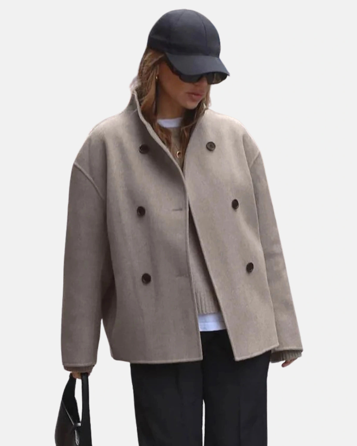Women's Oversized Double-Breasted Wool-Blend Jacket with Stand Collar – Ivy Belle