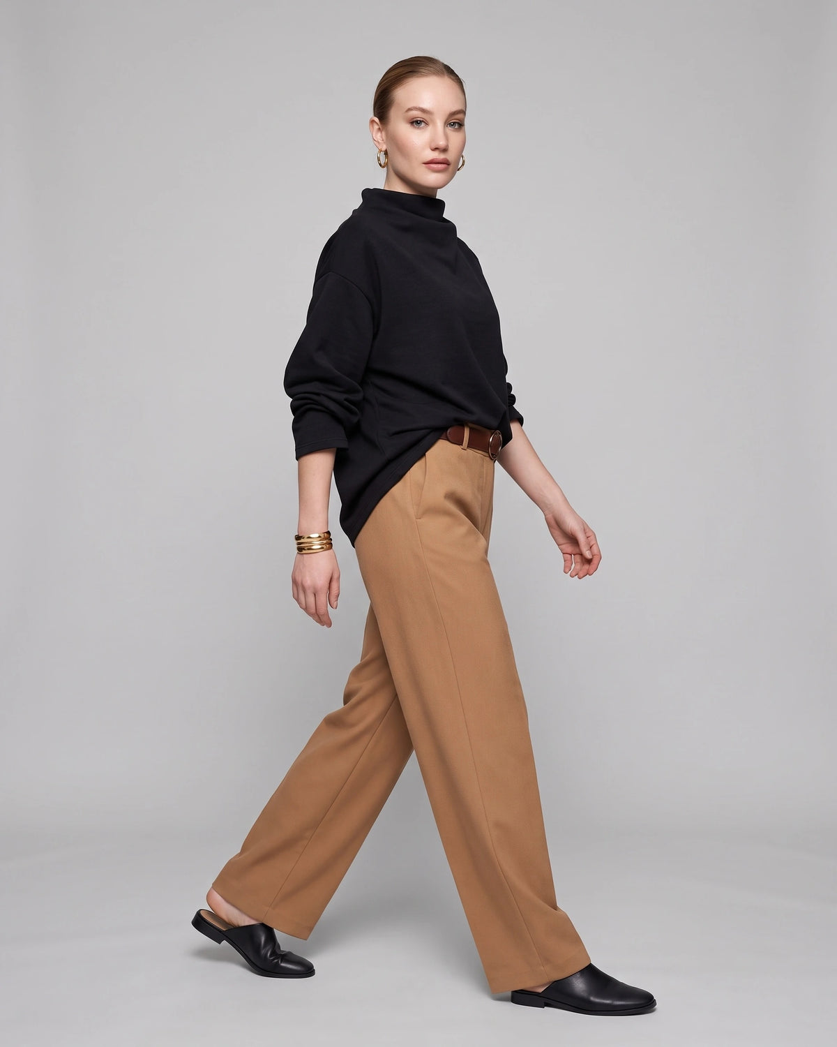 Women's Oversized Jumper with High Neck, Draped Wide Sleeves – Pippa Grey