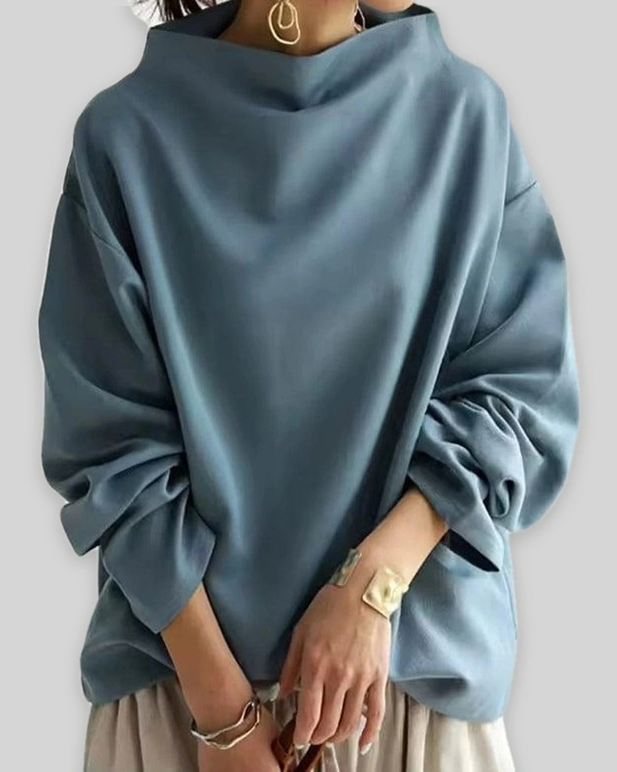 Women's Oversized Jumper with High Neck, Draped Wide Sleeves – Pippa Grey