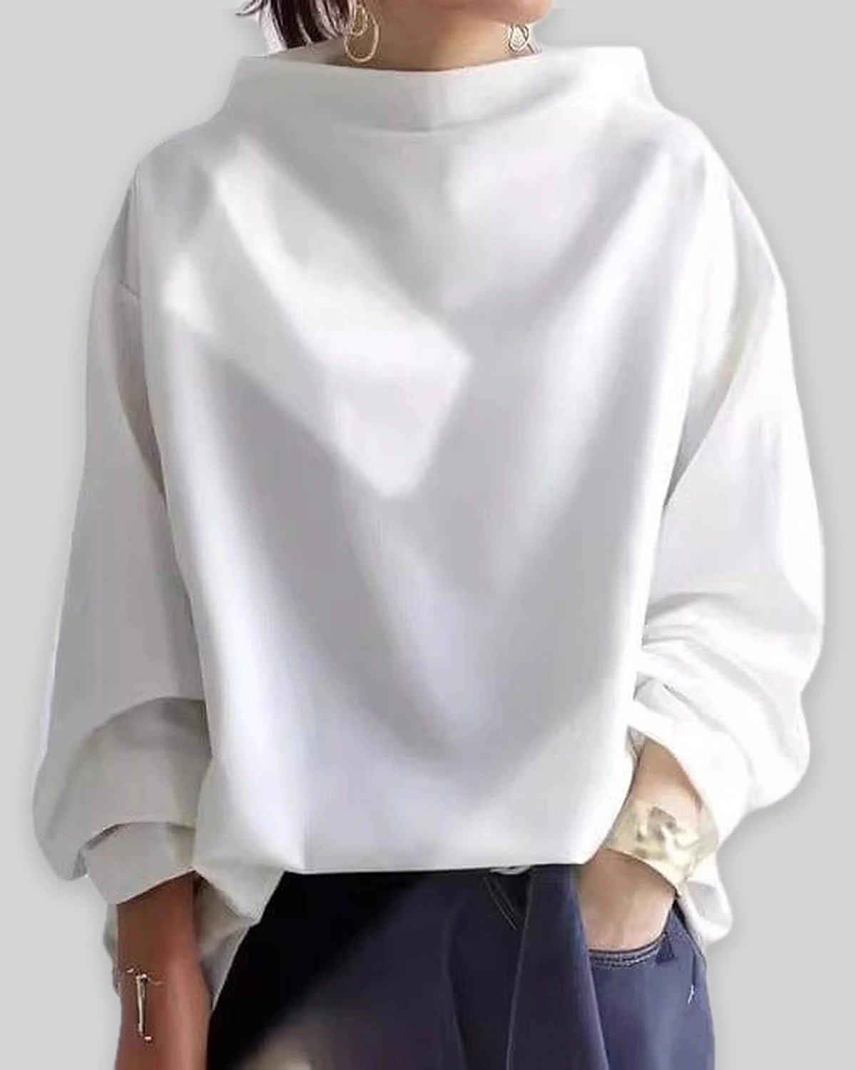 Women's Oversized Jumper with High Neck, Draped Wide Sleeves – Pippa Grey