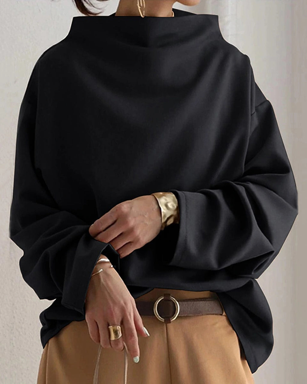 Women's Oversized Jumper with High Neck, Draped Wide Sleeves – Pippa Grey