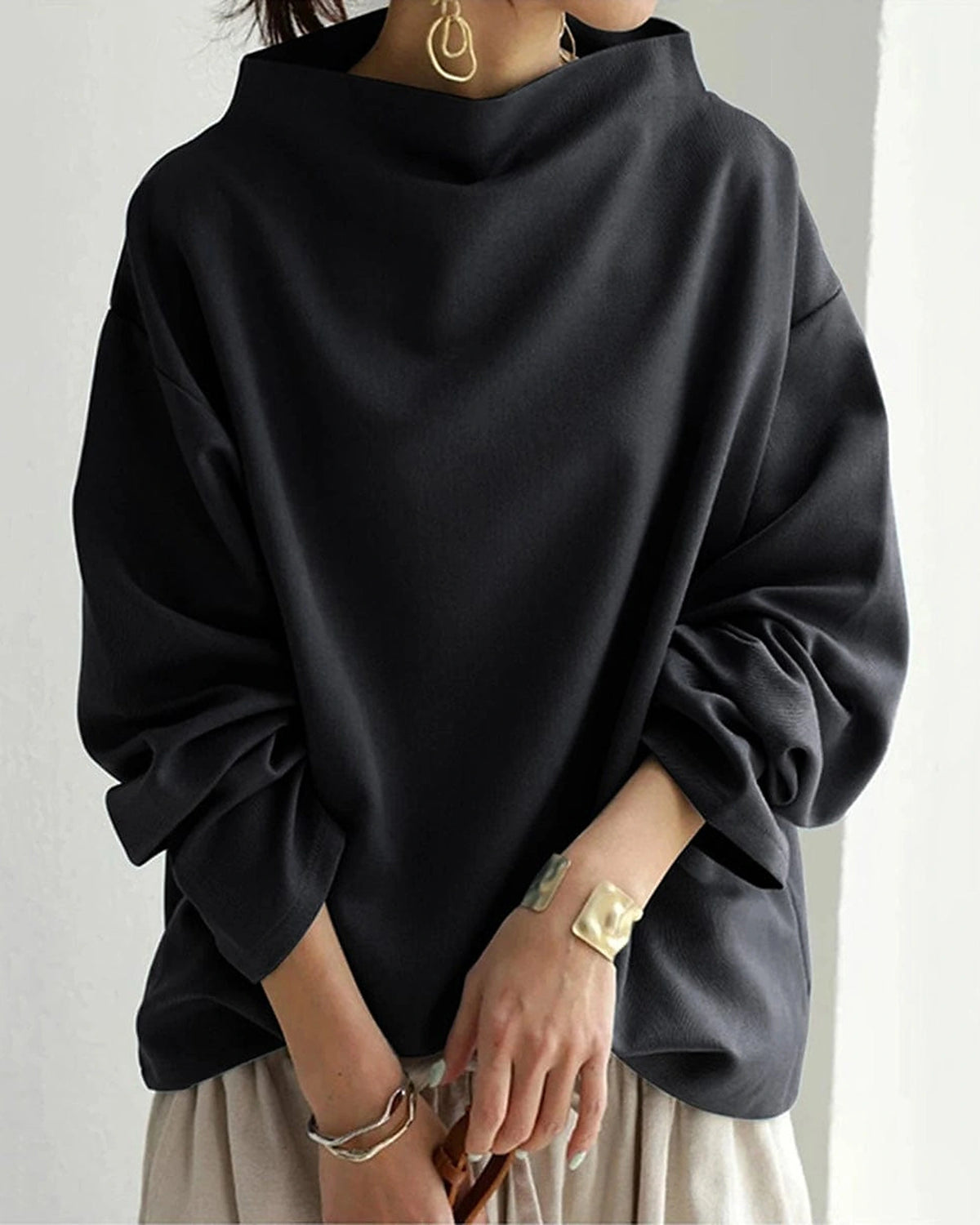 Women's Oversized Jumper with High Neck, Draped Wide Sleeves – Pippa Grey