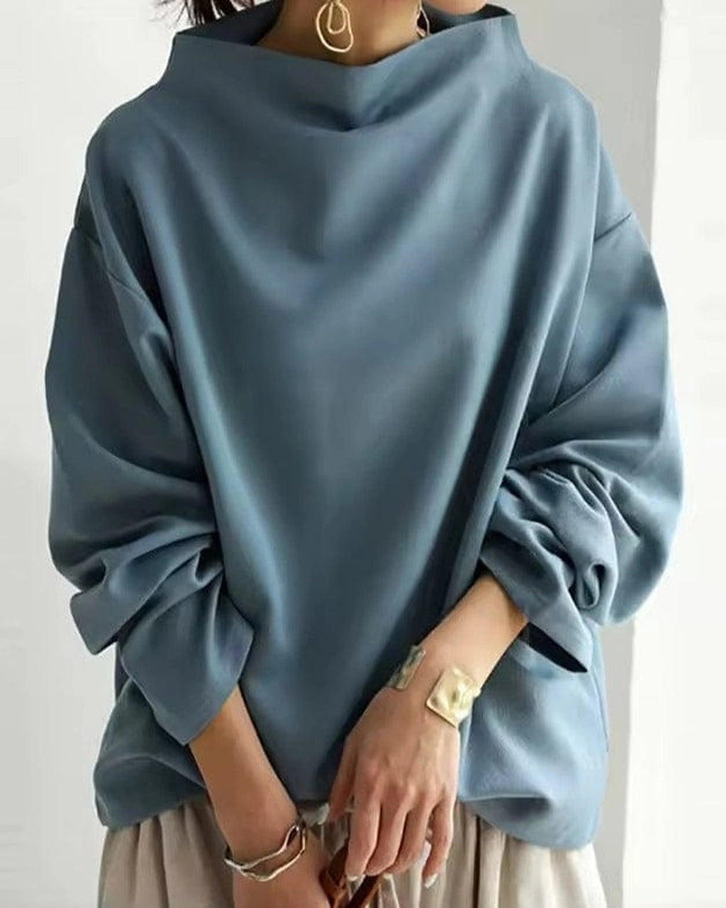 Women's Oversized Jumper with High Neck, Draped Wide Sleeves – Pippa Grey