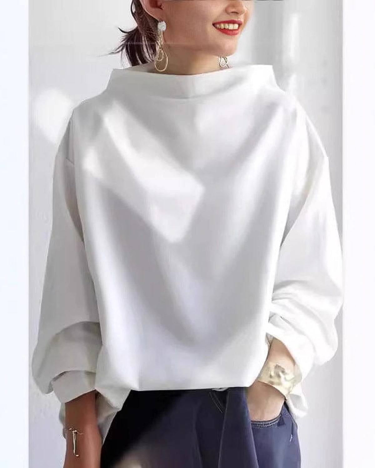 Women's Oversized Jumper with High Neck, Draped Wide Sleeves – Pippa Grey