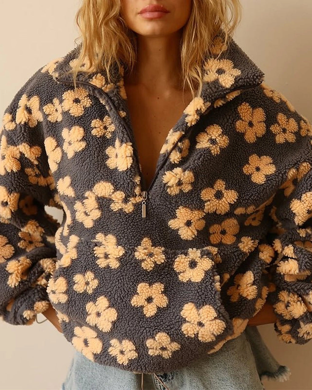 Women's Oversized Teddy Fleece Jacket with Half Zip and Patch Pocket – Mirela