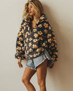 Women's Oversized Teddy Fleece Jacket with Half Zip and Patch Pocket – Mirela