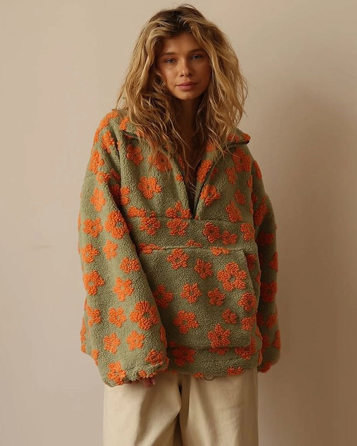 Women's Oversized Teddy Fleece Jacket with Half Zip and Patch Pocket – Mirela