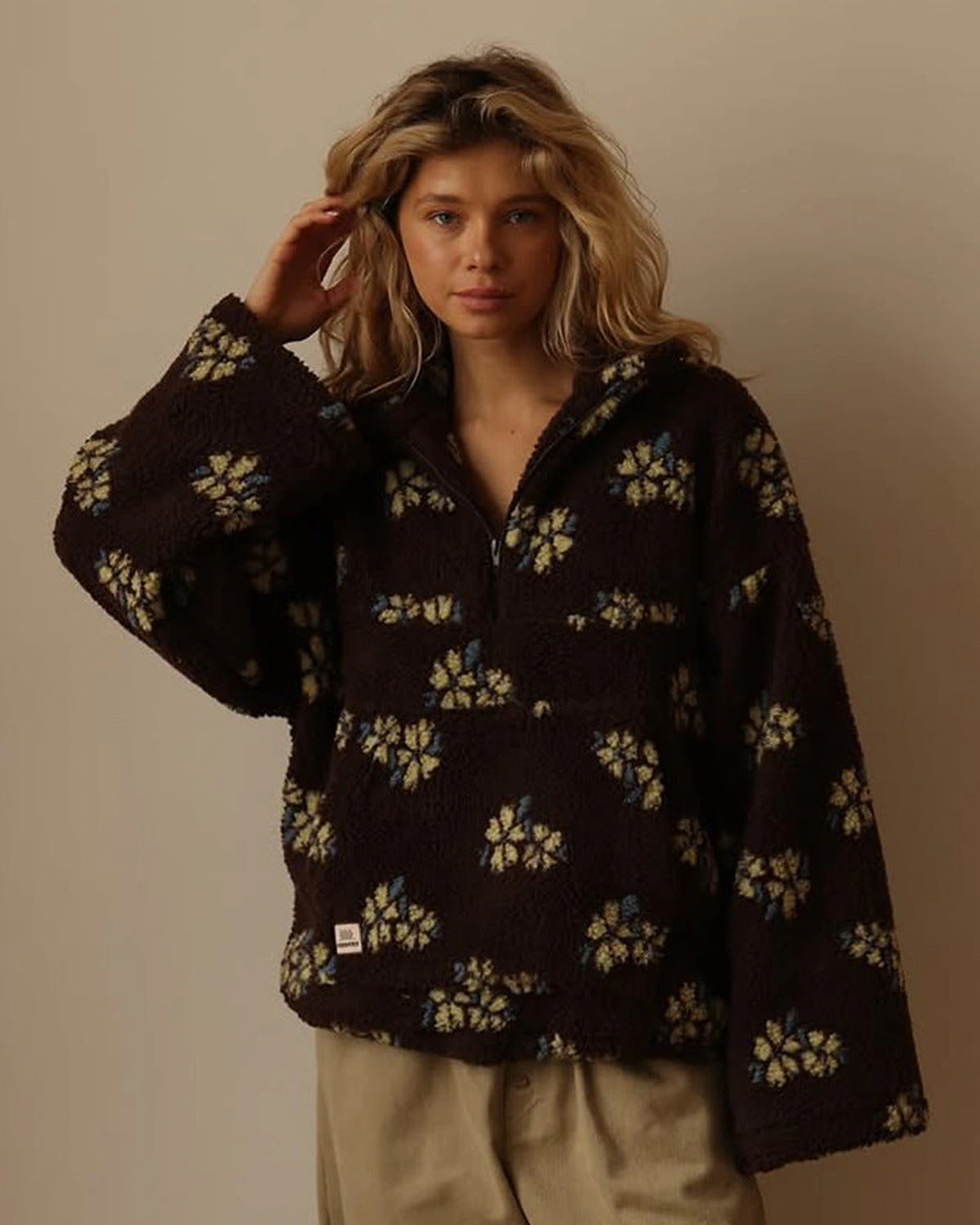 Women's Oversized Teddy Fleece Jacket with Half Zip and Patch Pocket – Mirela