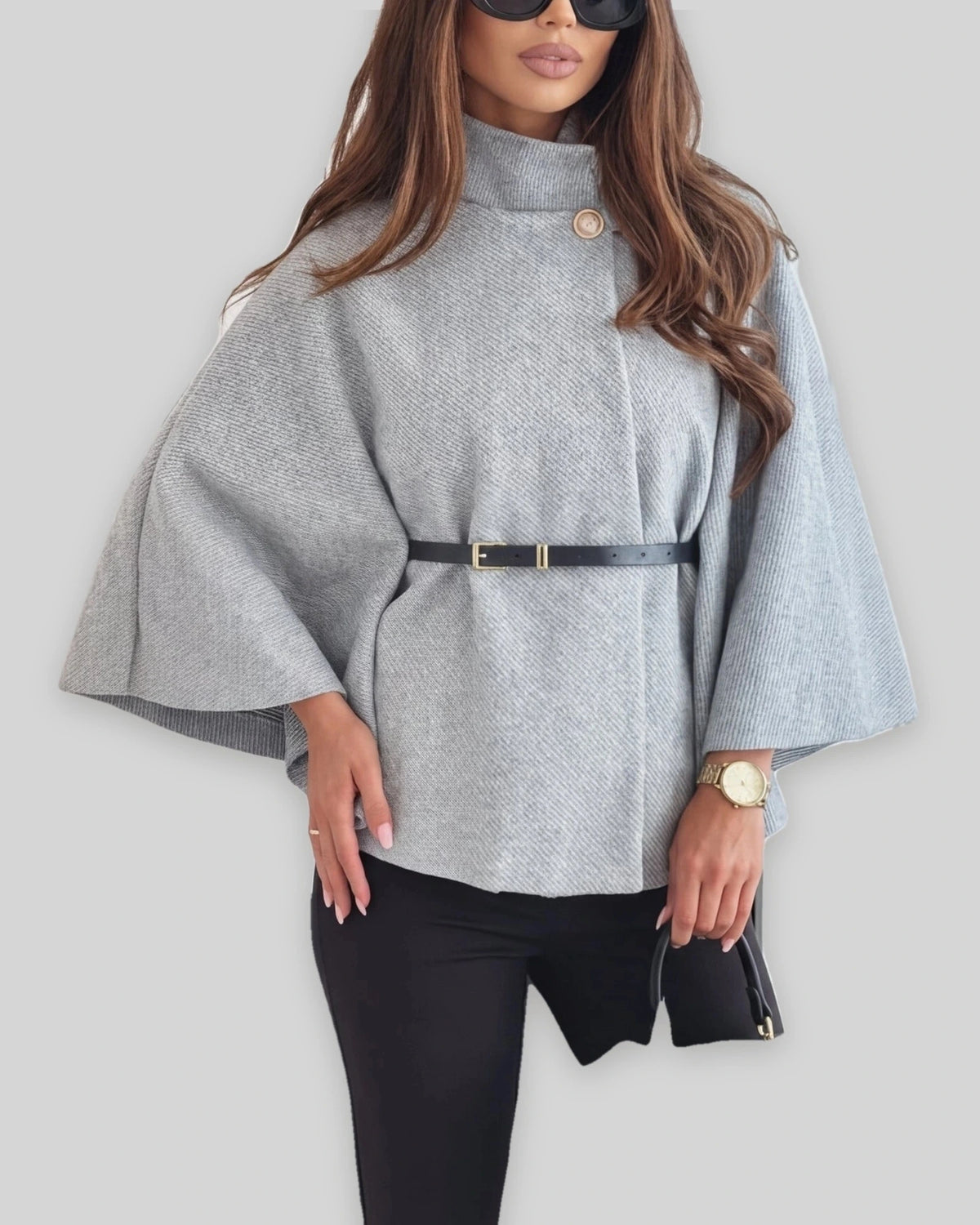 Women's Oversized Knit Jumper with Funnel Neck, Cape Sleeve, Gold Button and Belted Waist – Orla Lou