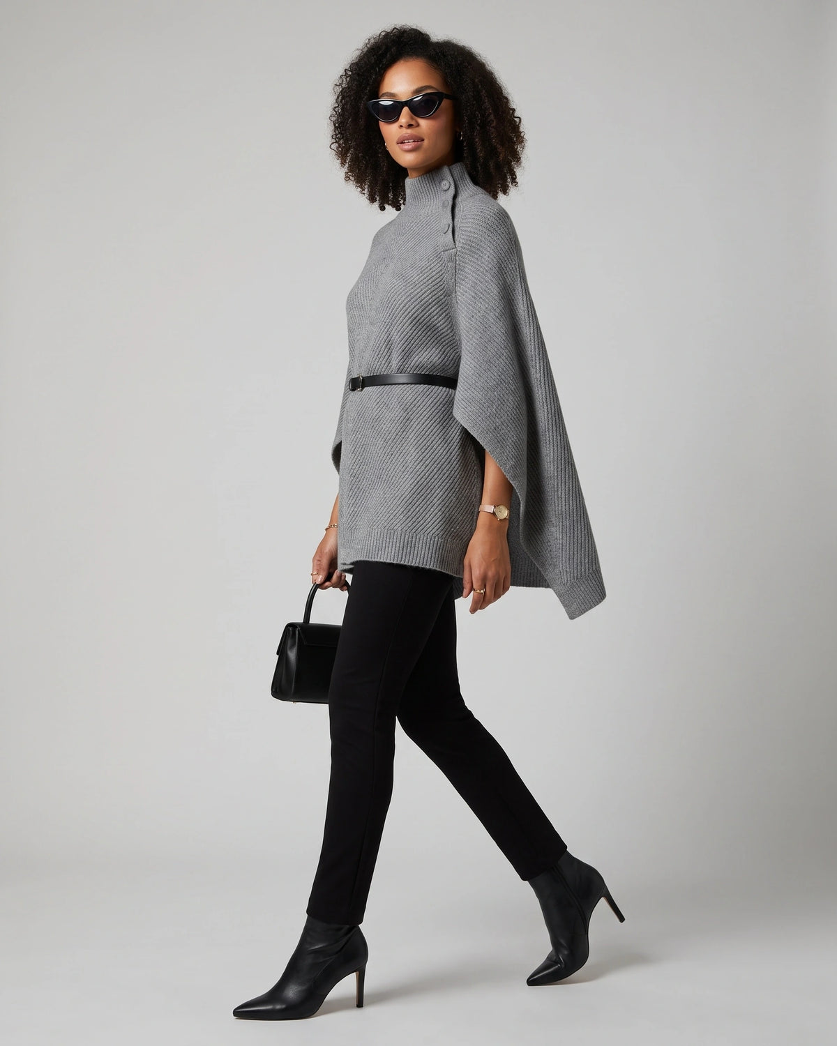 Women's Oversized Knit Jumper with Funnel Neck, Cape Sleeve, Gold Button and Belted Waist – Orla Lou