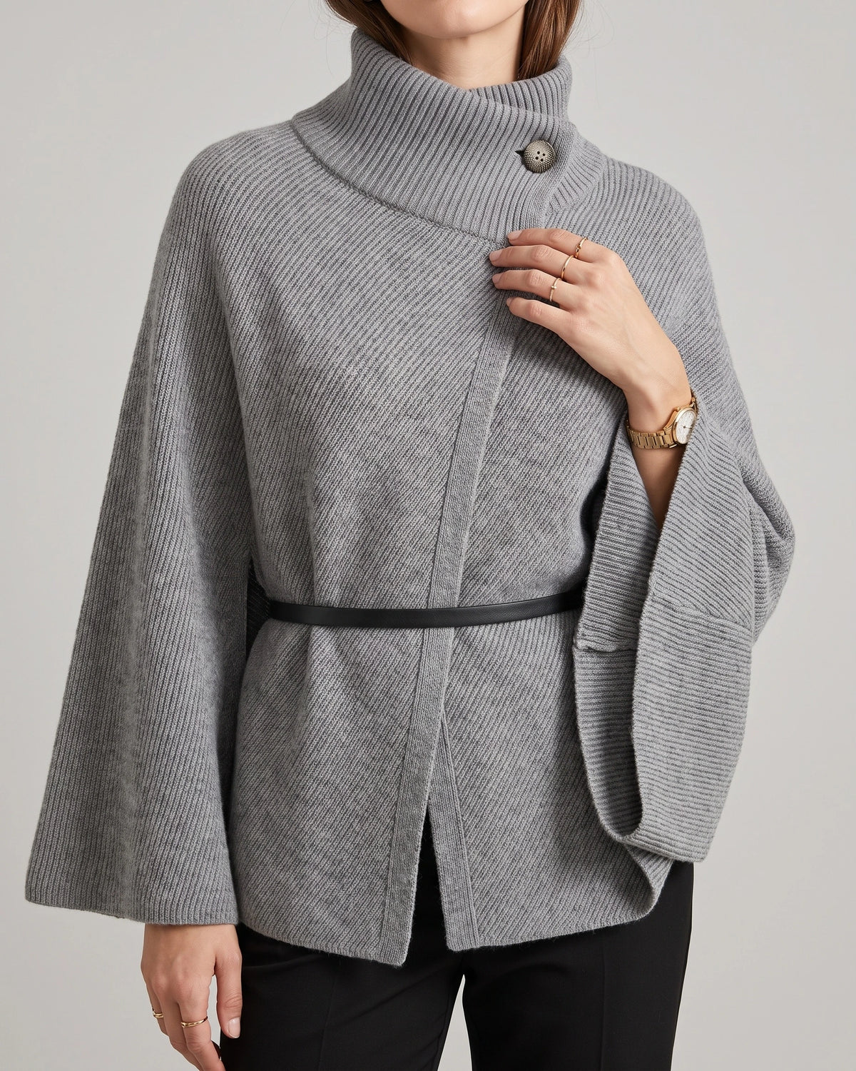 Women's Oversized Knit Jumper with Funnel Neck, Cape Sleeve, Gold Button and Belted Waist – Orla Lou