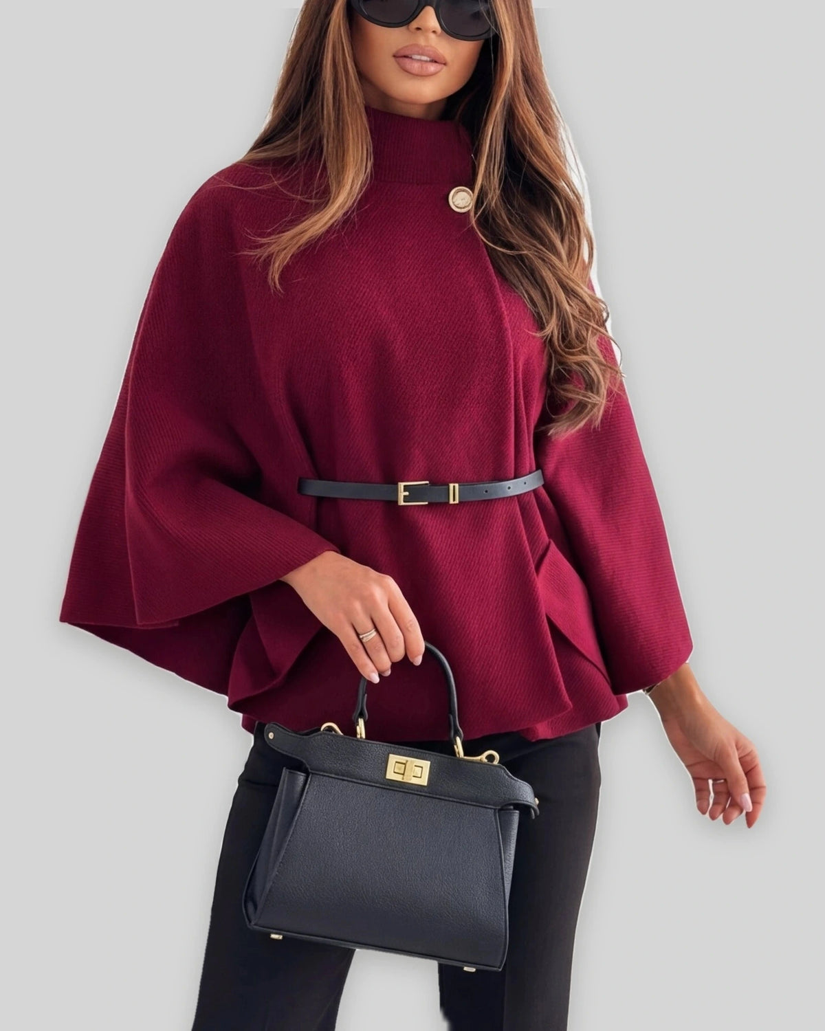 Women's Oversized Knit Jumper with Funnel Neck, Cape Sleeve, Gold Button and Belted Waist – Orla Lou