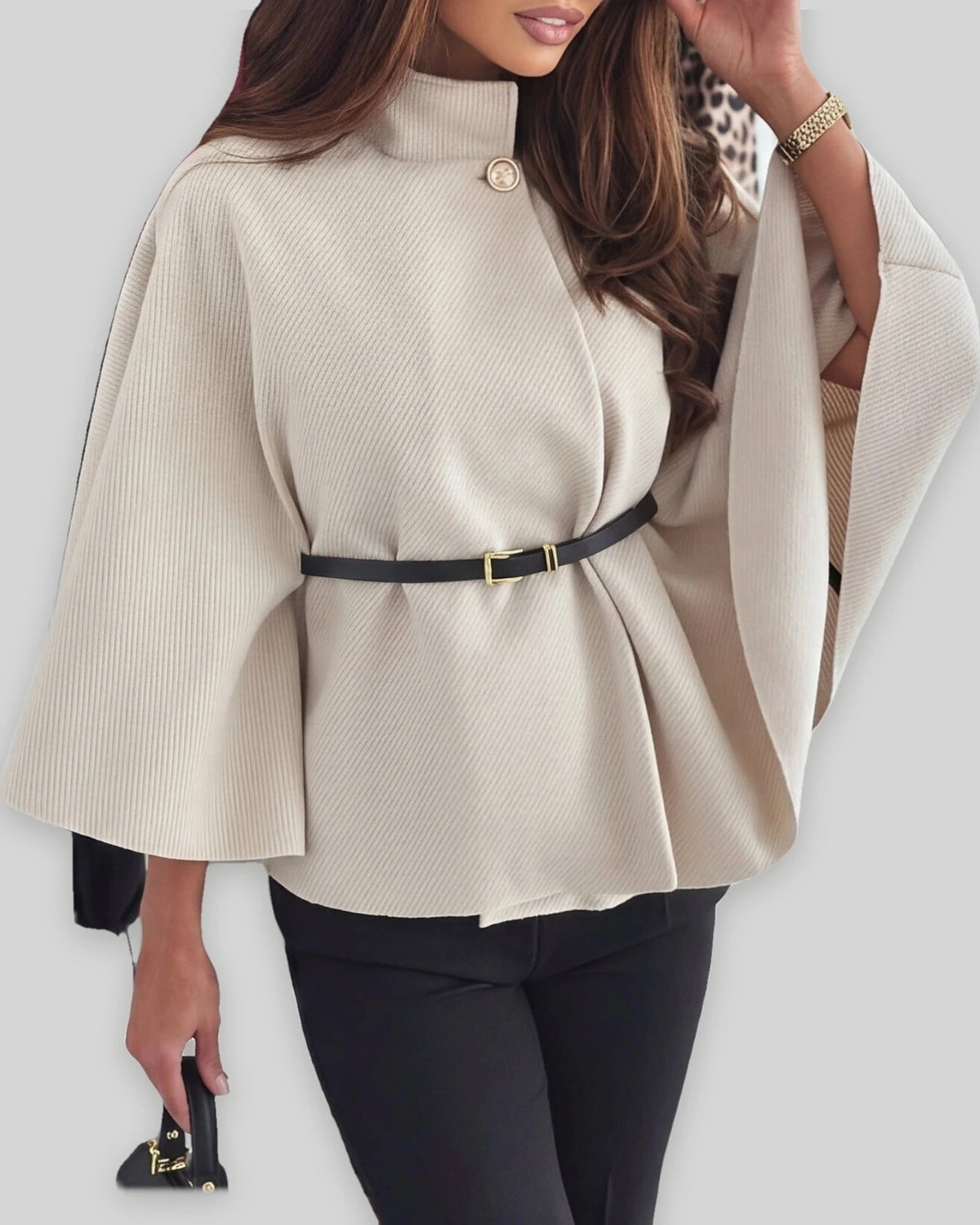 Women's Oversized Knit Jumper with Funnel Neck, Cape Sleeve, Gold Button and Belted Waist – Orla Lou