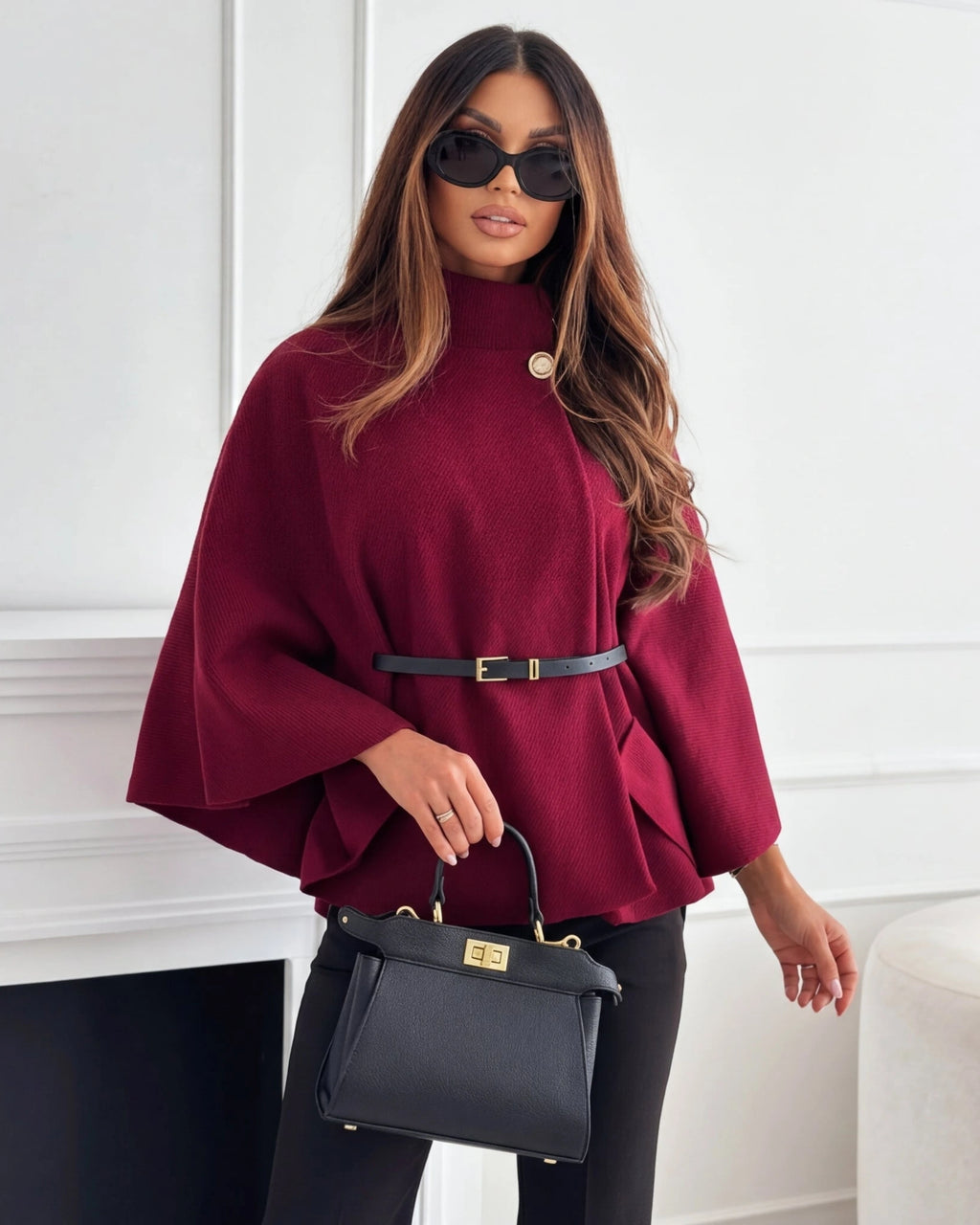 Women's Oversized Knit Jumper with Funnel Neck, Cape Sleeve, Gold Button and Belted Waist – Orla Lou
