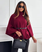 Women's Oversized Knit Jumper with Funnel Neck, Cape Sleeve, Gold Button and Belted Waist – Orla Lou