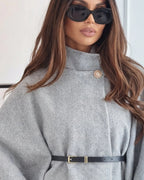 Women's Oversized Knit Jumper with Funnel Neck, Cape Sleeve, Gold Button and Belted Waist – Orla Lou