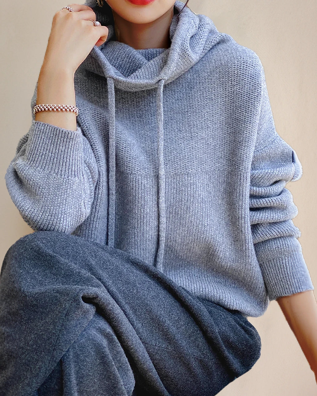Women's Oversized Hoodie Knit Jumper with Funnel Neck and Drawstring Hood – Talia Jane