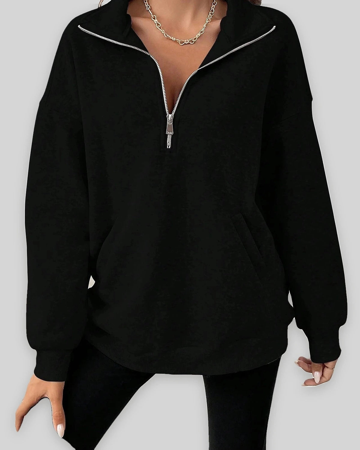 Women's Half Zip Sweatshirt with Collar and Kangaroo Pocket, Oversized Fit – Stella Mae