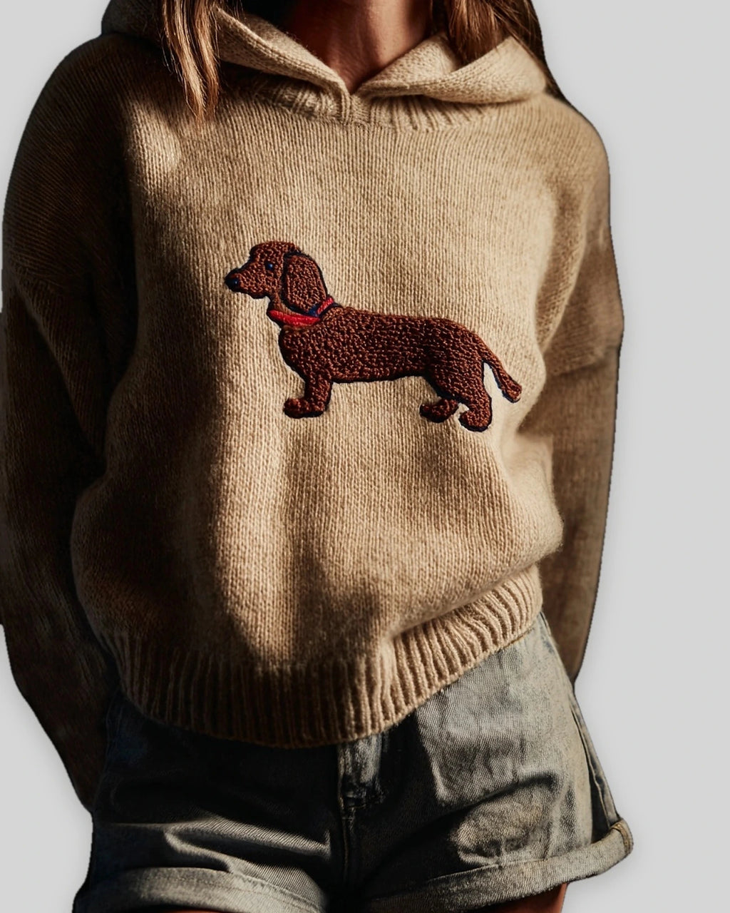 Women's Oversized Chunky Hooded Knit Jumper with Dachshund Embroidery – Orla Grey