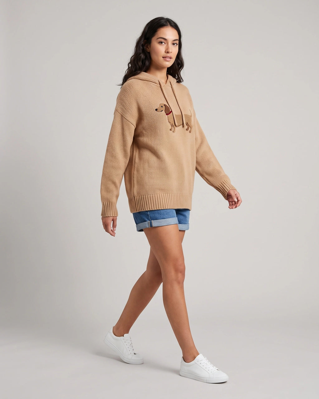 Women's Oversized Chunky Hooded Knit Jumper with Dachshund Embroidery – Orla Grey