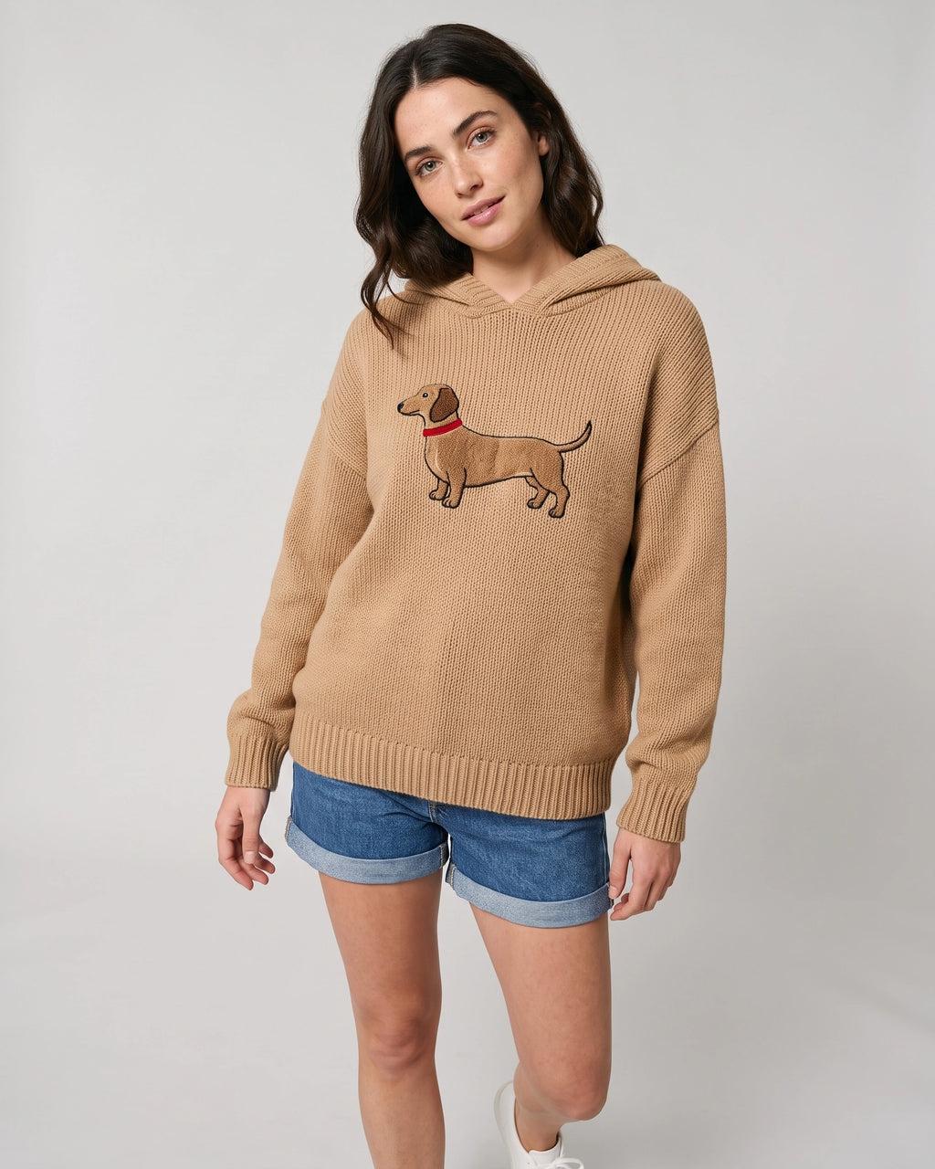 Women's Oversized Chunky Hooded Knit Jumper with Dachshund Embroidery – Orla Grey