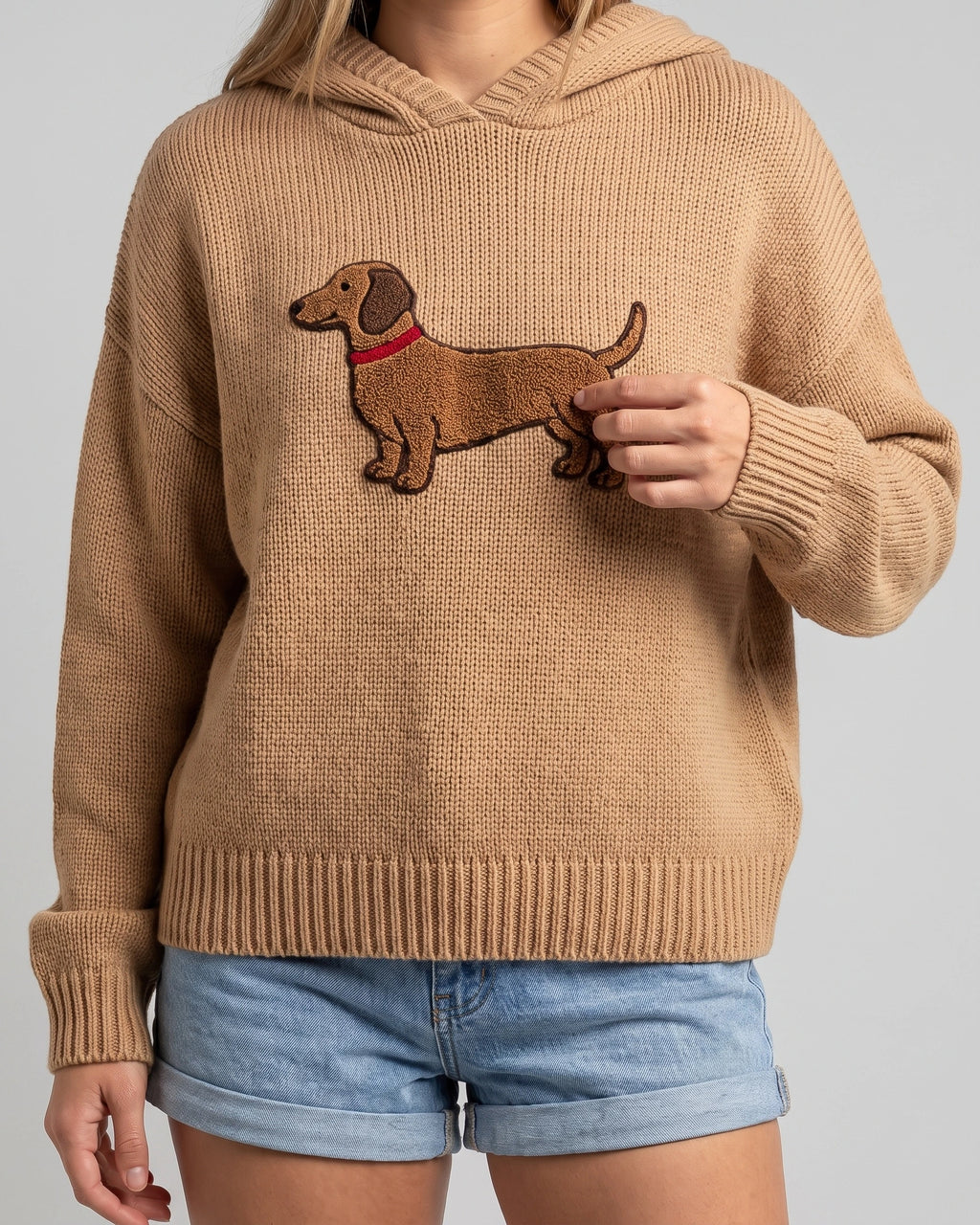 Women's Oversized Chunky Hooded Knit Jumper with Dachshund Embroidery – Orla Grey