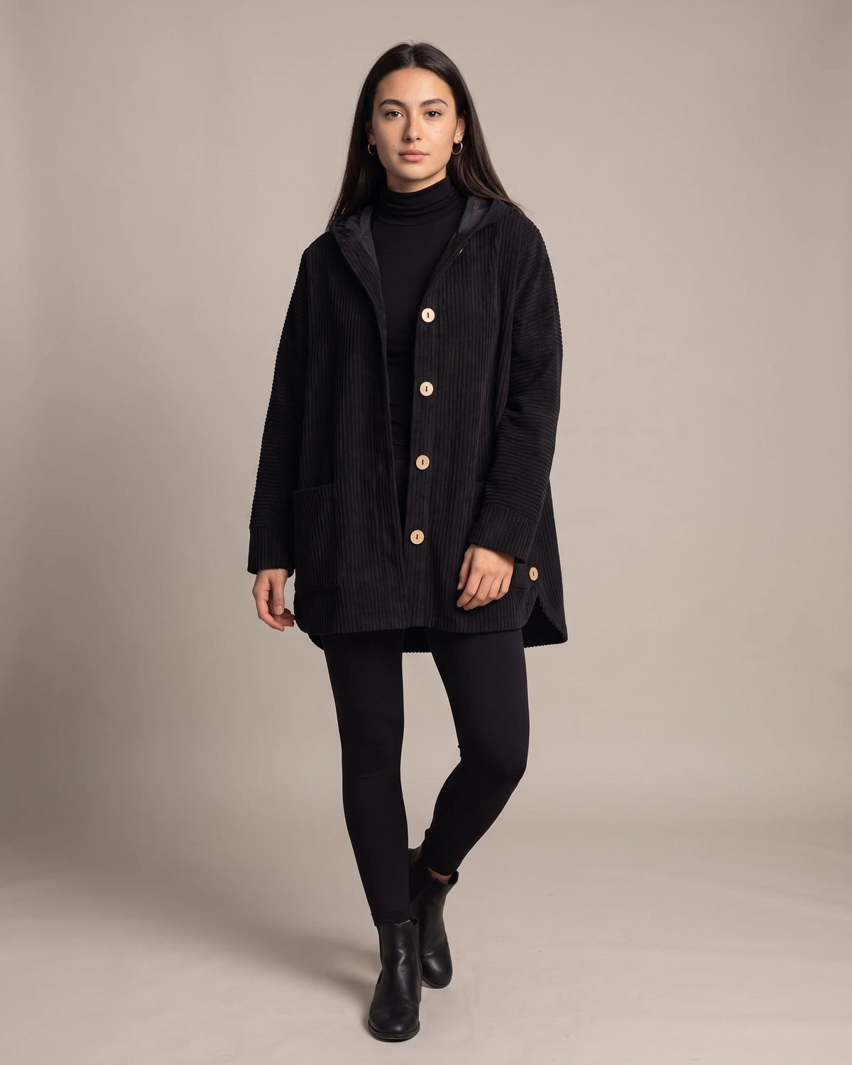 Women's Corduroy Jacket with Hood, Wooden Button Placket and Patch Pockets, Oversized Fit – Flora