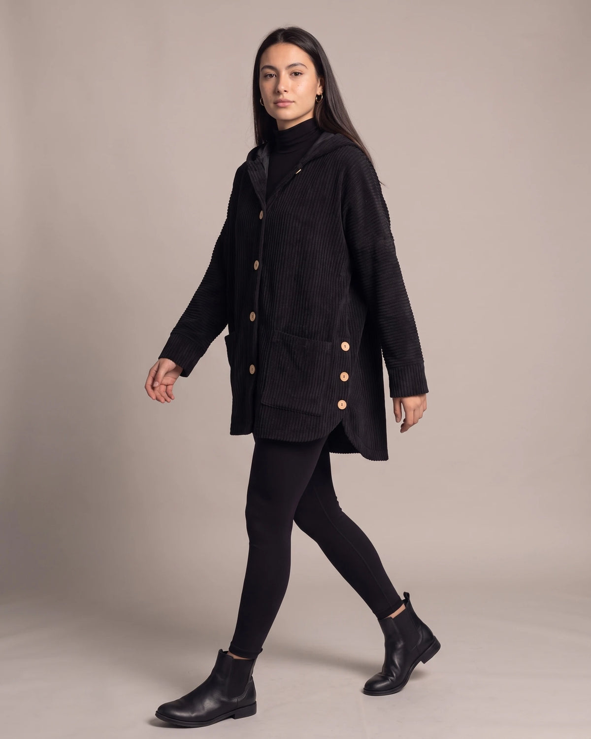 Women's Corduroy Jacket with Hood, Wooden Button Placket and Patch Pockets, Oversized Fit – Flora