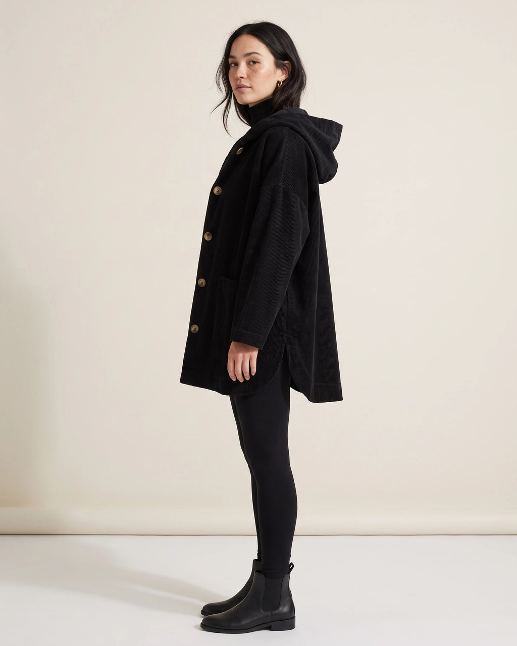 Women's Corduroy Jacket with Hood, Wooden Button Placket and Patch Pockets, Oversized Fit – Flora