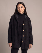 Women's Corduroy Jacket with Hood, Wooden Button Placket and Patch Pockets, Oversized Fit – Flora