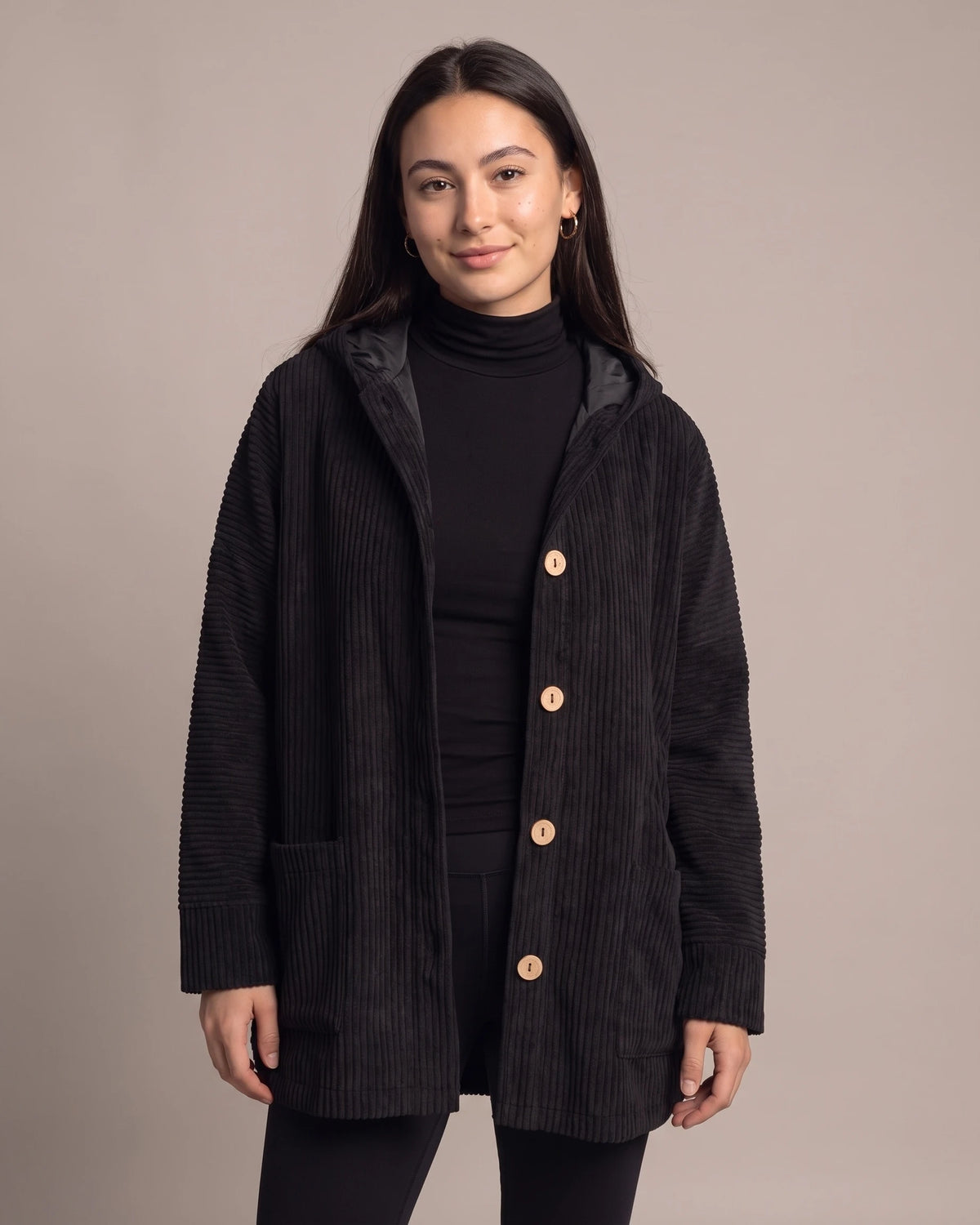 Women's Corduroy Jacket with Hood, Wooden Button Placket and Patch Pockets, Oversized Fit – Flora