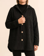Women's Corduroy Jacket with Hood, Wooden Button Placket and Patch Pockets, Oversized Fit – Flora