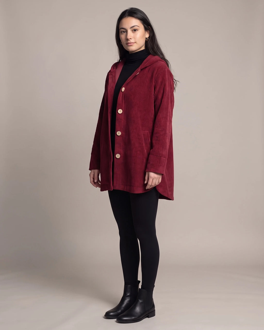 Women's Corduroy Jacket with Hood, Wooden Button Placket and Patch Pockets, Oversized Fit – Flora