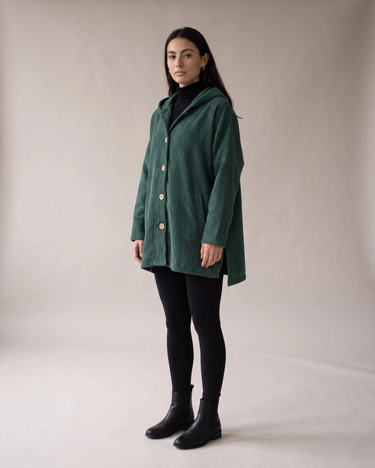 Women's Corduroy Jacket with Hood, Wooden Button Placket and Patch Pockets, Oversized Fit – Flora