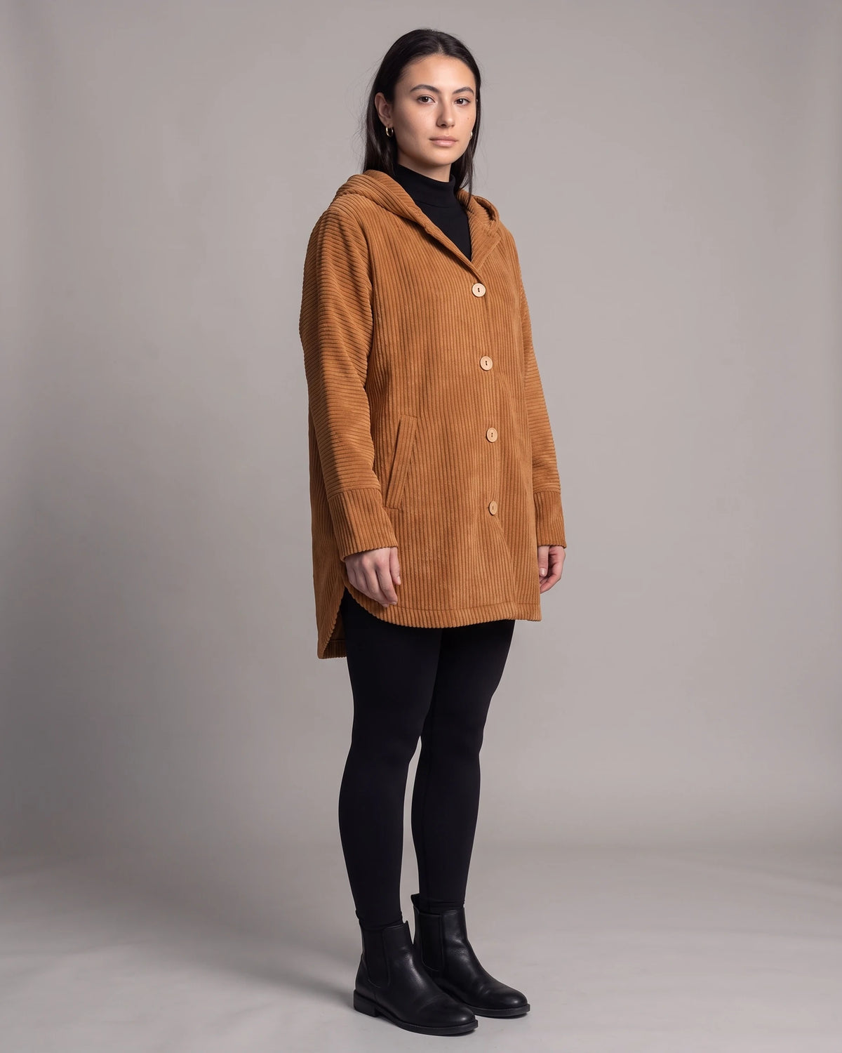 Women's Corduroy Jacket with Hood, Wooden Button Placket and Patch Pockets, Oversized Fit – Flora