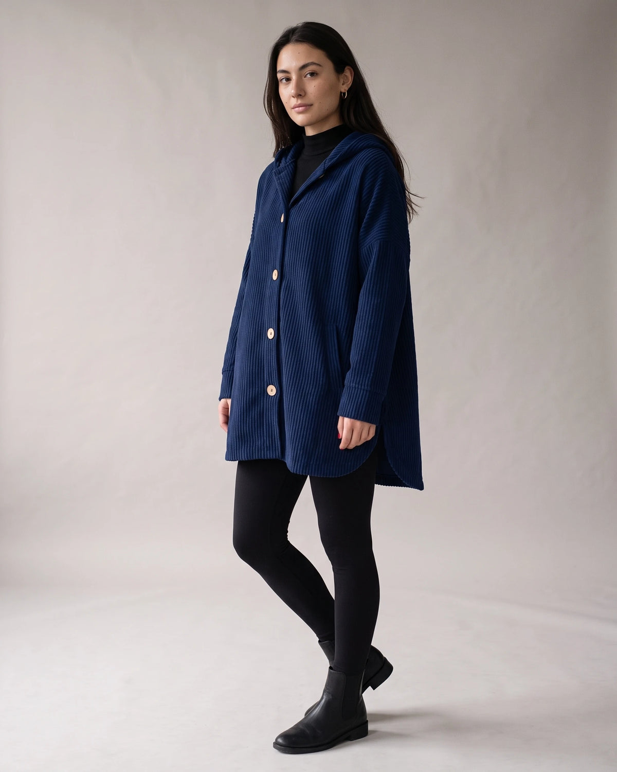 Women's Corduroy Jacket with Hood, Wooden Button Placket and Patch Pockets, Oversized Fit – Flora