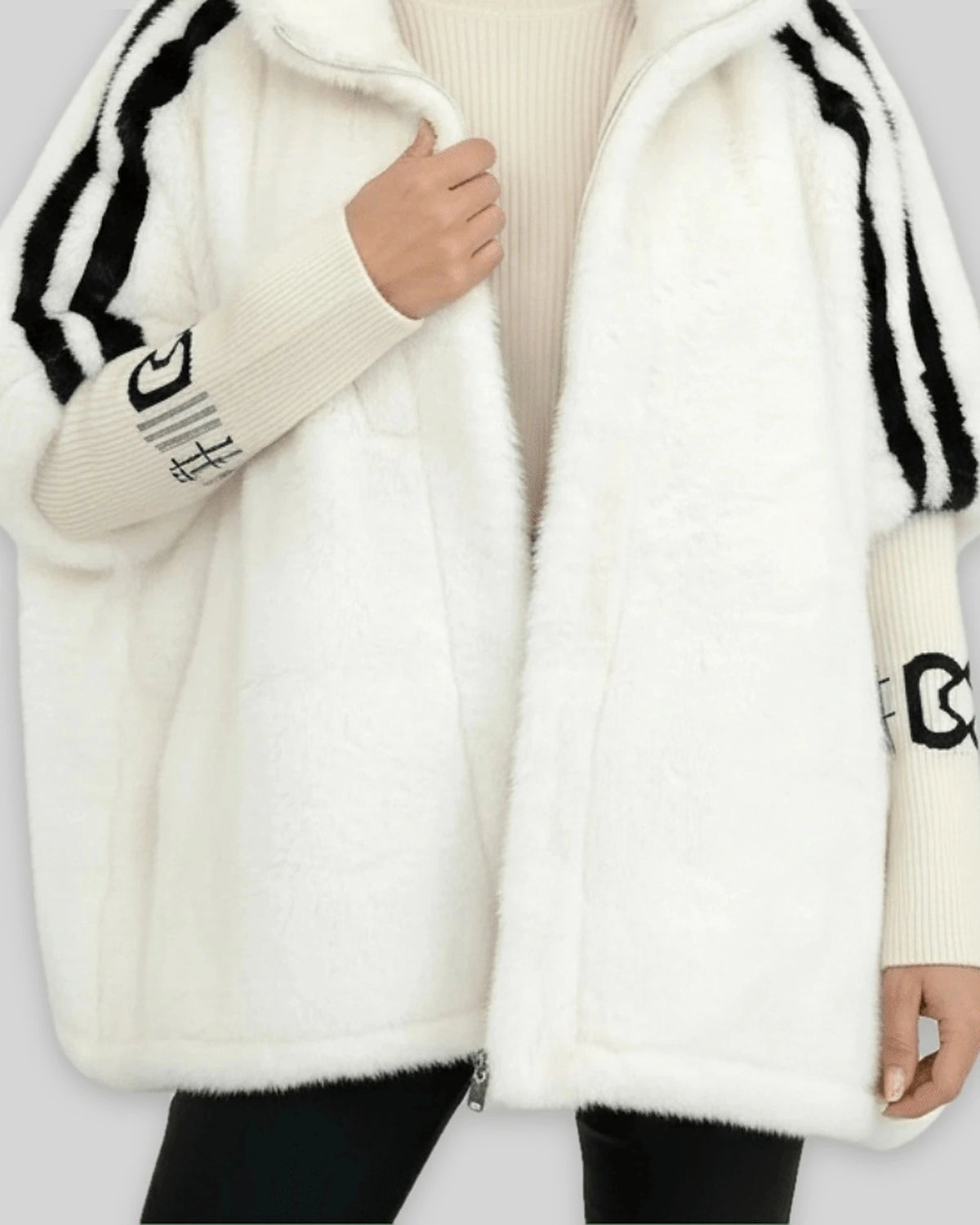 Women's Oversized Faux Fur Cape Jacket for Women, Hooded Faux Fur Coat with Sleeve Stripes – Violet Lou