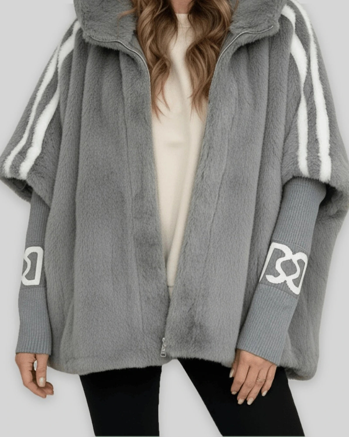 Women's Oversized Faux Fur Cape Jacket for Women, Hooded Faux Fur Coat with Sleeve Stripes – Violet Lou