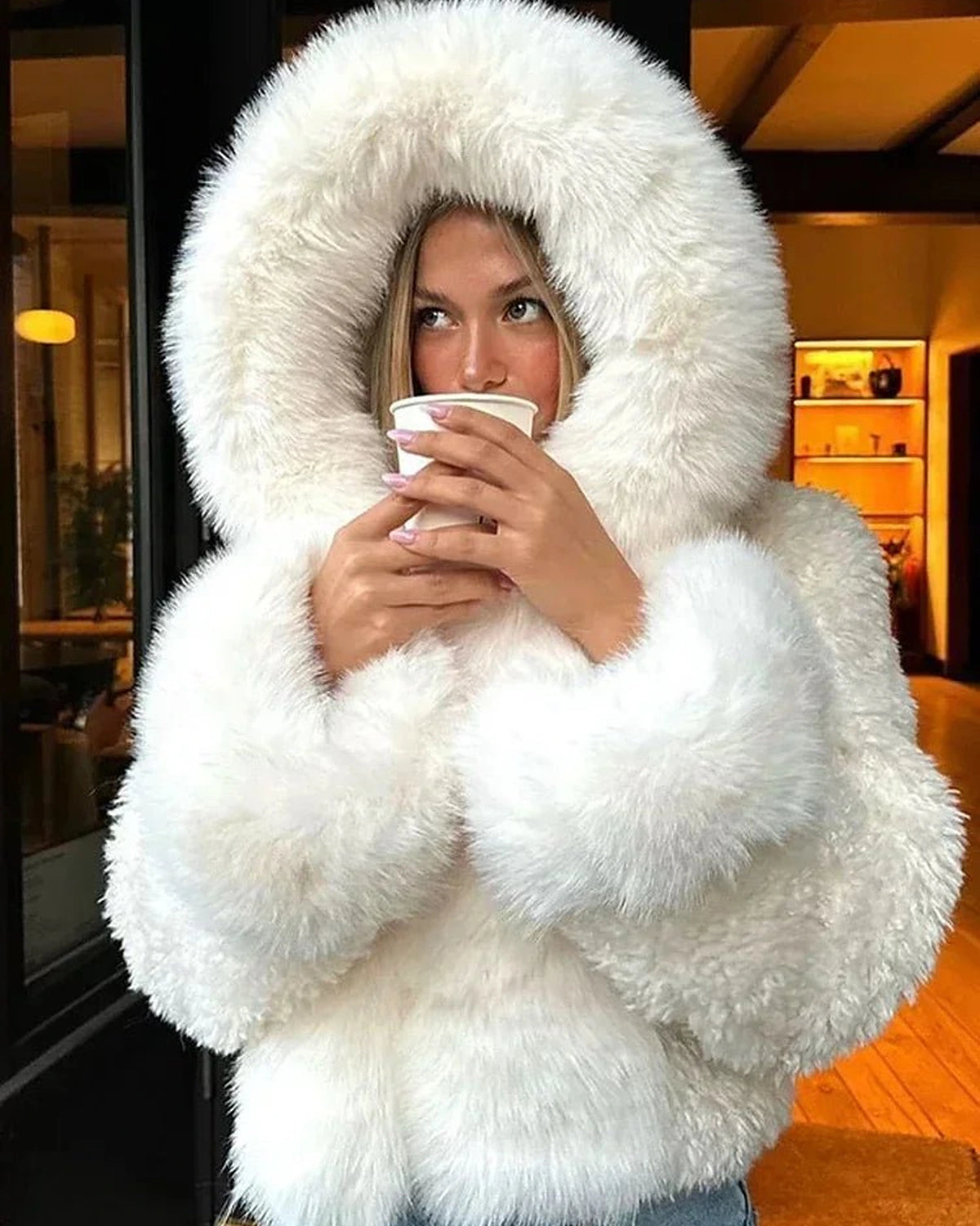 Women's Oversized Hooded Faux Fur Jacket with Fluffy Cuffs – Uma Mae