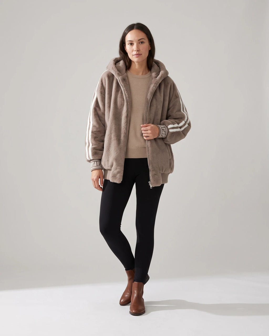 Women's Hooded Fur Coat, Oversized Faux Fur Jacket with Striped Ribbed Knit Sleeves