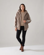 Women's Hooded Fur Coat, Oversized Faux Fur Jacket with Striped Ribbed Knit Sleeves