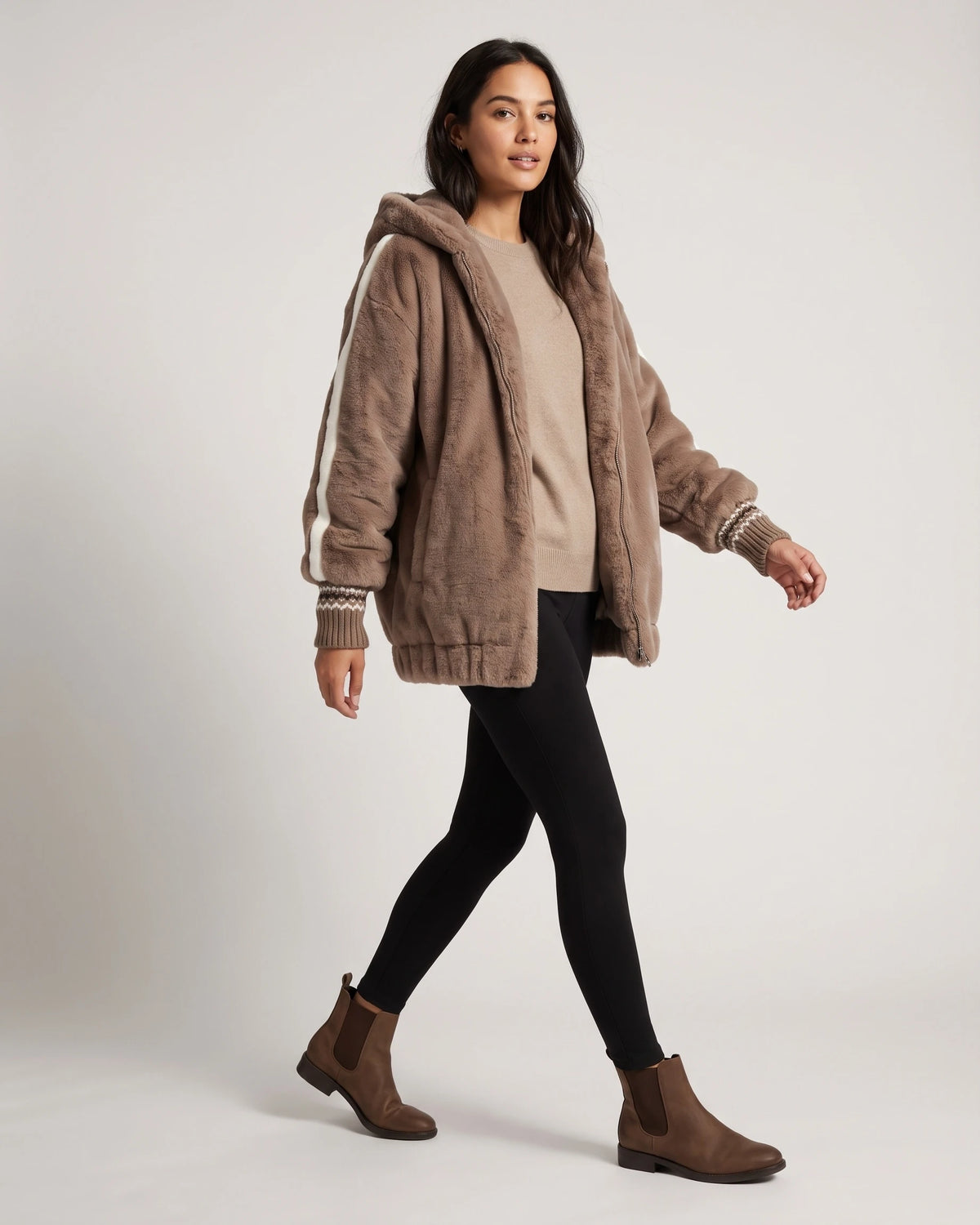 Women's Hooded Fur Coat, Oversized Faux Fur Jacket with Striped Ribbed Knit Sleeves