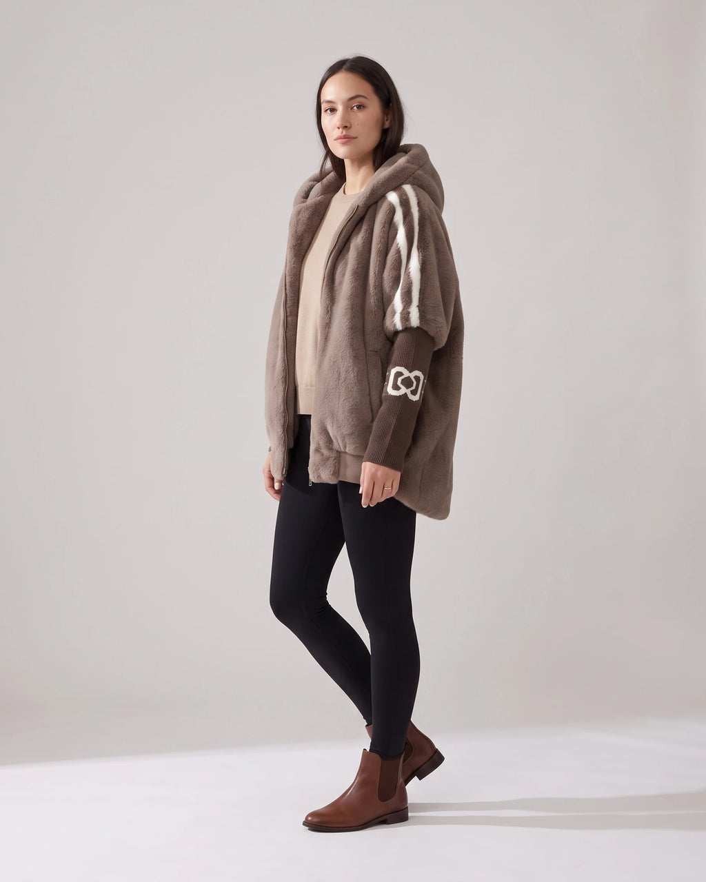 Women's Hooded Fur Coat, Oversized Faux Fur Jacket with Striped Ribbed Knit Sleeves