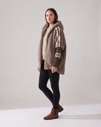 Women's Hooded Fur Coat, Oversized Faux Fur Jacket with Striped Ribbed Knit Sleeves