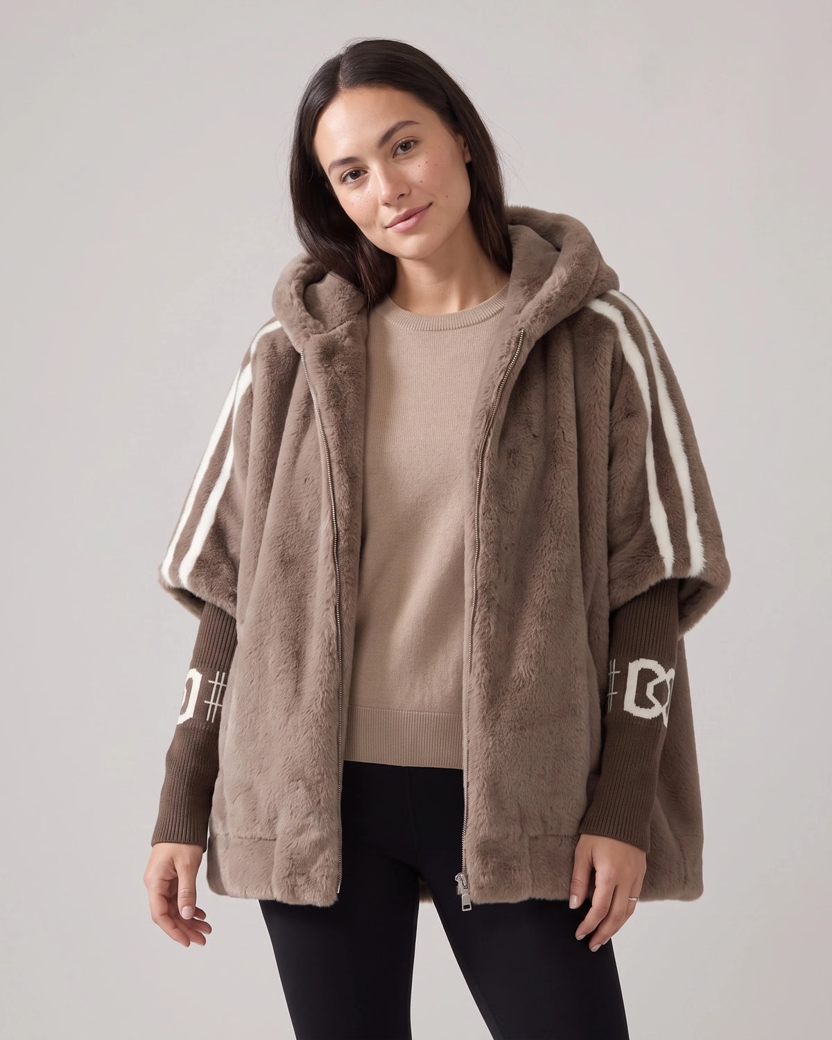 Women's Hooded Fur Coat, Oversized Faux Fur Jacket with Striped Ribbed Knit Sleeves