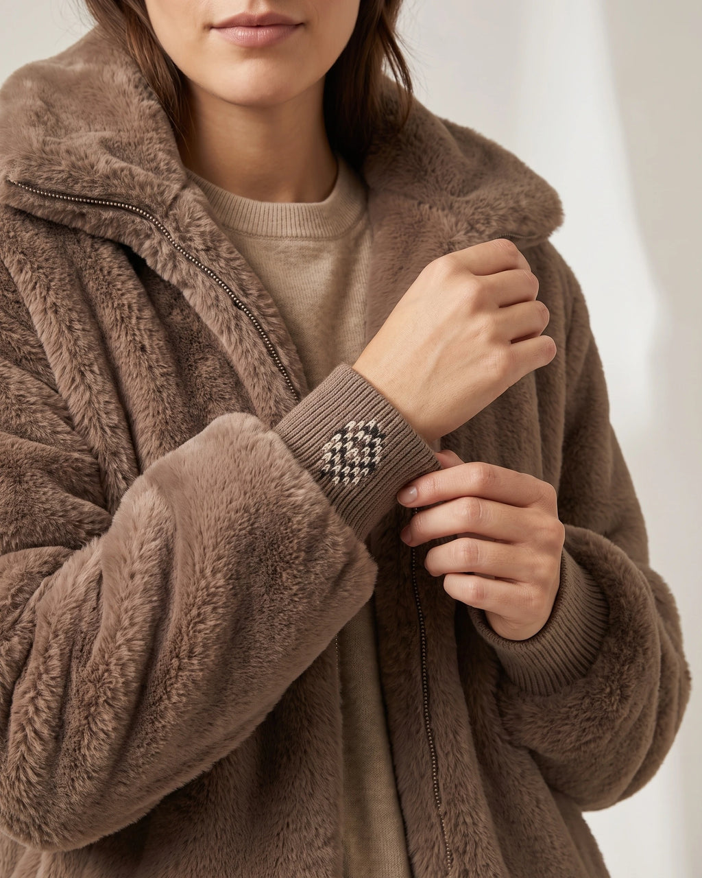 Women's Hooded Fur Coat, Oversized Faux Fur Jacket with Striped Ribbed Knit Sleeves