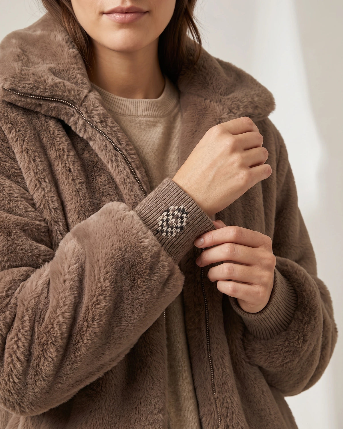 Women's Hooded Fur Coat, Oversized Faux Fur Jacket with Striped Ribbed Knit Sleeves